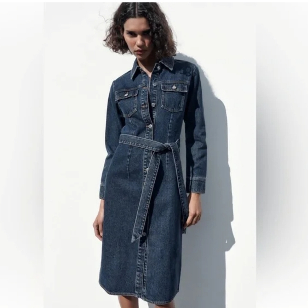 Zara Belted Button Front Denim Dress XS - Picture 4 of 15
